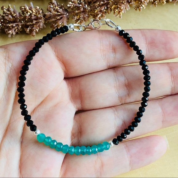 Green Onyx Black Spinel Gemstone Sterling Bracelet - Picture 6 of 9